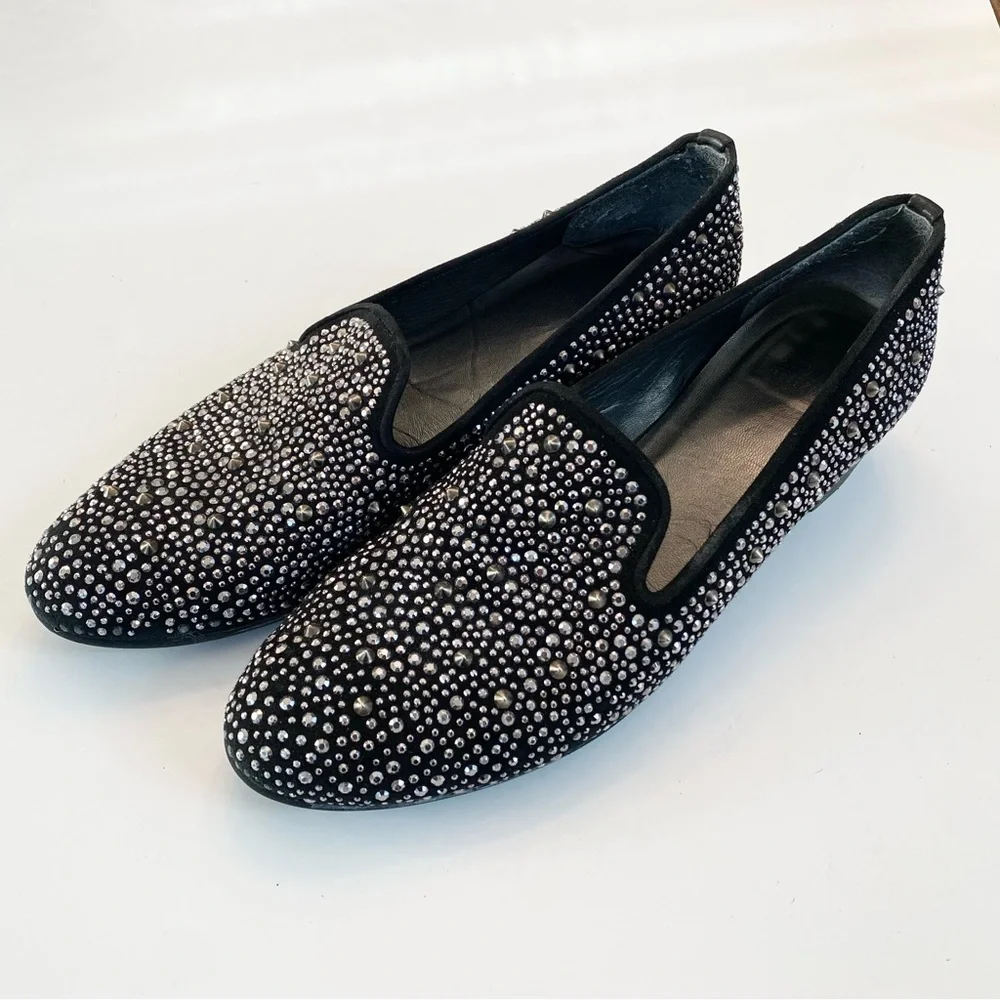 Stuart Weitzman Slipbead Studded Stud Loafer Smoking Slipper Black Silver Sz 8